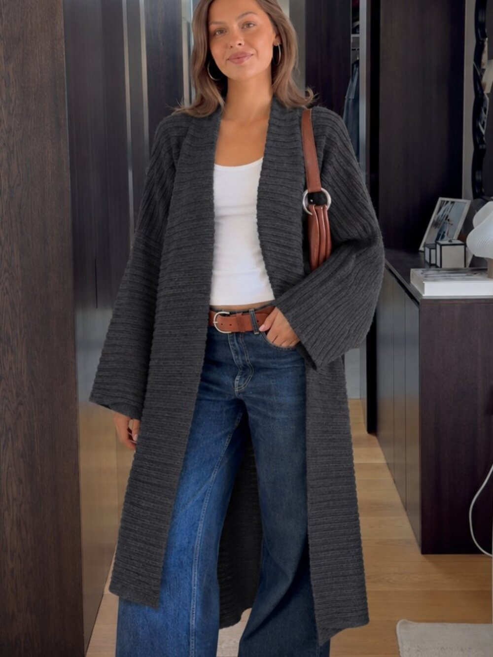 Luukaa Anthracite Wool Duster Long Cardigan Wide Sleeve Maxi Button Closure